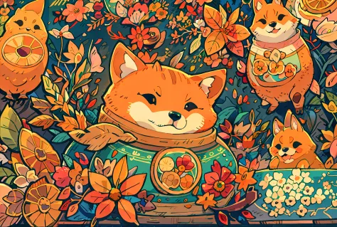 a cute shiba inu，wearing clothes in the shape of oranges,flowers and birds next to it, fantasy，whimsically，the sunset，autumn hig...