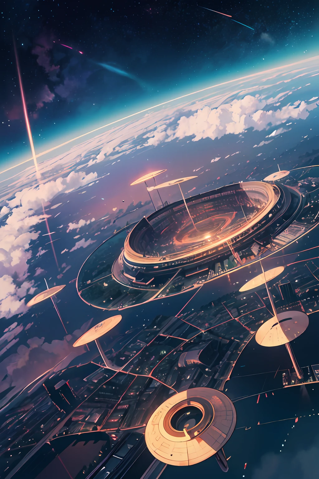 Campo de visão ultra-amplo，（levitando：1.5），（Uma enorme cidade steampunk de anel duplo flutuando no espaço：1.3），（Ilumine a cidade futurista steampunk：1.4），（nuvens grossas：1.4），（Estilo de Makoto Shinkai：1.4），Alegrar，qualidade perfeita，foco claro（desordem - casa：0.8）， （obra-prima：1.2）， （realisticamente：1.2） ，（com luz brilhando：1.2）， （melhor qualidade）， （céu estrelado detalhado：1.3） ，（detalhes complexos）， （8K）， （Detalhe do meteoro） ，（foco nitído），（se divertindo），（Arte digital premiada：1.3） de （desenhando：1.3），（com dinamismo：1.3）,luz de estúdio,tema，olhando de cima, o espaço, deloat， --v 6