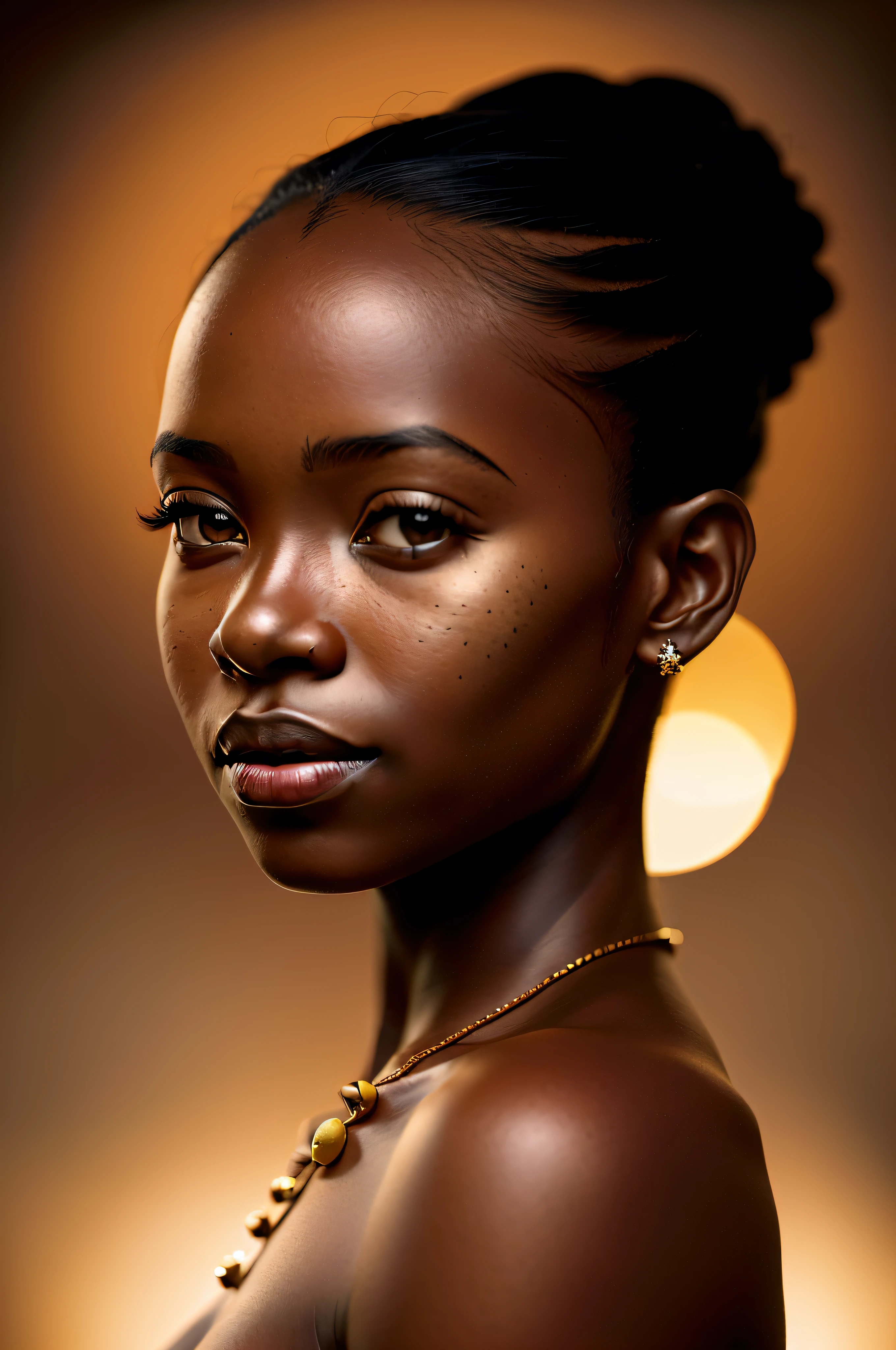 foto premiada de retrato de uma jovem mulher ugandense, Bokeh, retroiluminado, (cor marrom em detalhes:1.1), Telefoto, atmosfera elegante, realista, detalhes intrincados, tom de pele verdadeiro