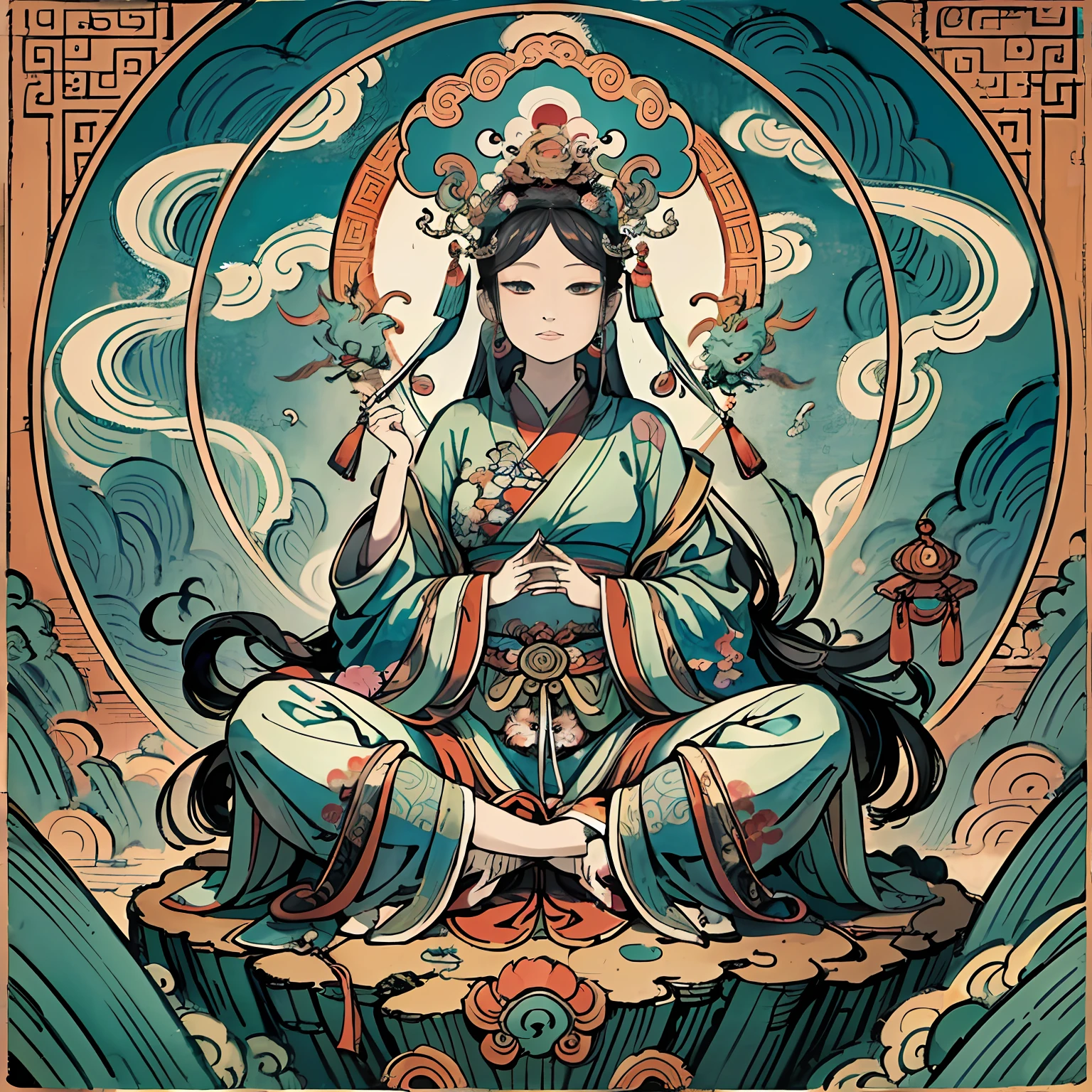 an ancient Chinese goddess, guanyin of the southern seas, Guanyin, Inspired by India, Avalokiteshvara rides a dragon,Serene expression,shui mo hua,Buddha,Buddhist,Lotus,Chinese painting style,Thangka style