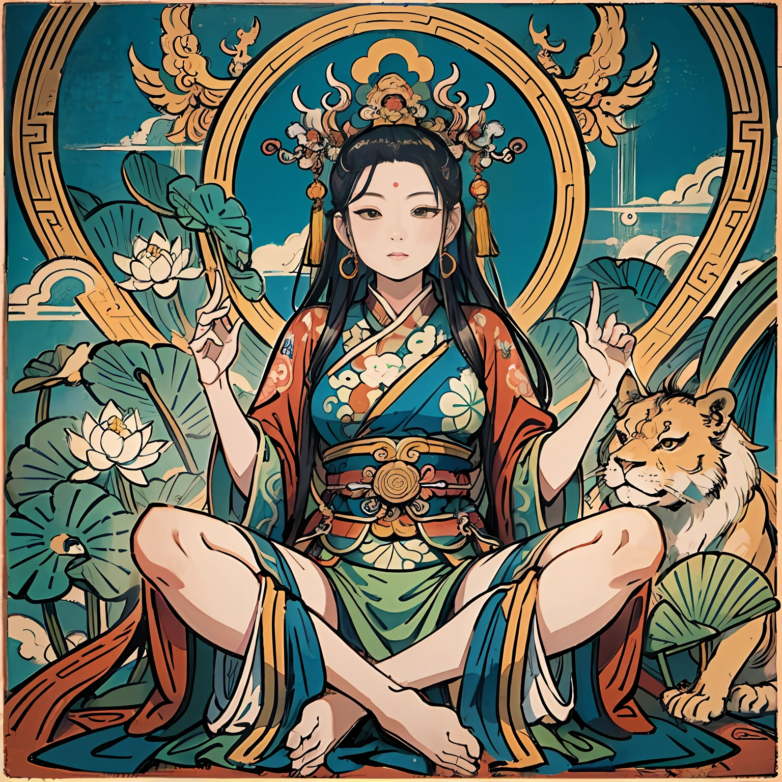 an ancient Chinese goddess, guanyin of the southern seas, Guanyin, Inspired by India, Avalokiteshvara rides a lion,Serene expression,shui mo hua,Buddha,Buddhist,Lotus,Chinese painting style,Thangka style