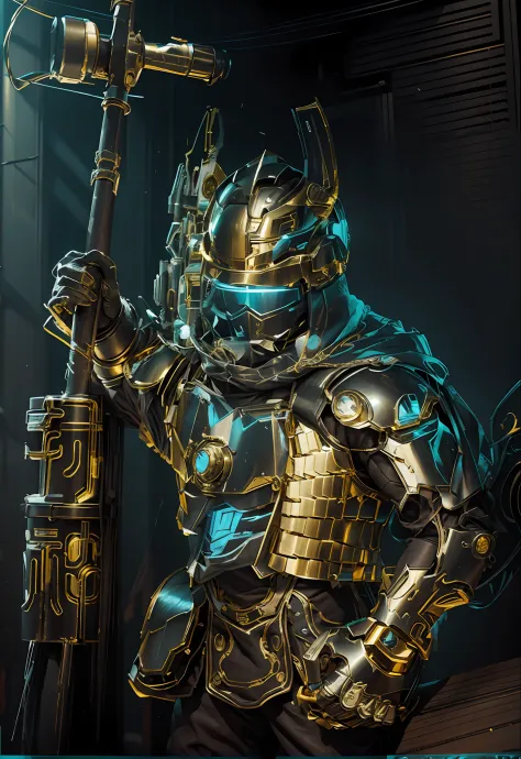 Masterpiece, best quality, Cyberpunk, mechanical sense, a man with an axe weapon, wearing gold armor, plate helmet, photogenic d...