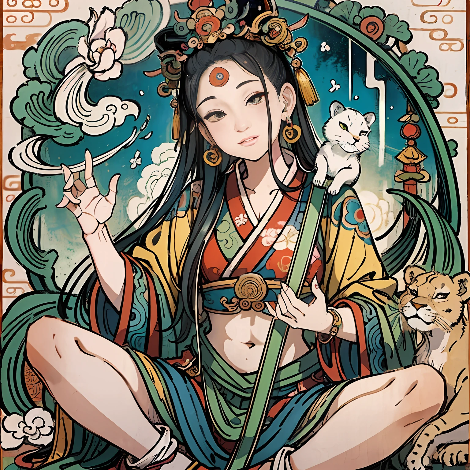 eine alte chinesische Göttin, Guanyin der südlichen Meere, gewinnen, Inspiriert von Indien, Avalokiteshvara reitet auf einem Löwen,heiterer Ausdruck,Shui Mo Hua,Buddha,Buddhist,Lotus,Chinesischer Malstil,Thangka-Stil