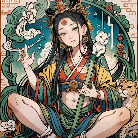 an ancient Chinese goddess, guanyin of the southern seas, Guanyin, Inspired by India, Avalokiteshvara rides a lion,Serene expres...