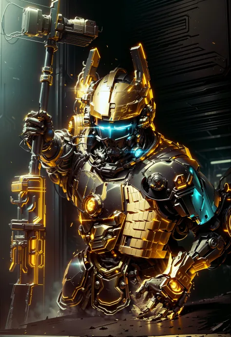 Masterpiece, best quality, Cyberpunk, mechanical sense, a man with an axe weapon, wearing gold armor, plate helmet, photogenic details, complex armor details, martial arts, wearing gorgeous armor, movie posters, movie lighting