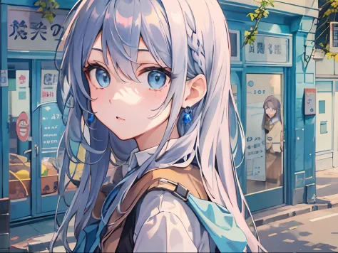 Best quality, tmasterpiece, A 12-year-old girl，Long blue hair and blue eyes，The expression is cold，On the road in front of the school，Clear facial features，No jewelry was worn
