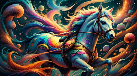 a painting of a colorful horse on a black background, breathtaking rendering, within a radiant connection, inspired by Kinuko Y. Craft,, magical elements, wow, is beautiful, casting a multi colorful spell, bright flash, flash