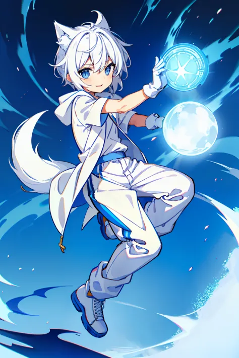 game cg，((younge boy))，juvenile sense，anime male protagonist，wolf ears，beast tail，ssmile，goggles，look ahead，white and blue short...