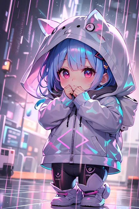 （Super cute Q version baby girl Rem standing in the rain in a clear plastic hoodie：1.4）, illustration iridescent, magically glowing, shiny colorful, holograph, By Yuumei, Anime art wallpaper 8 K, Guviz-style artwork, Anime art wallpaper 4k, Anime art wallp...