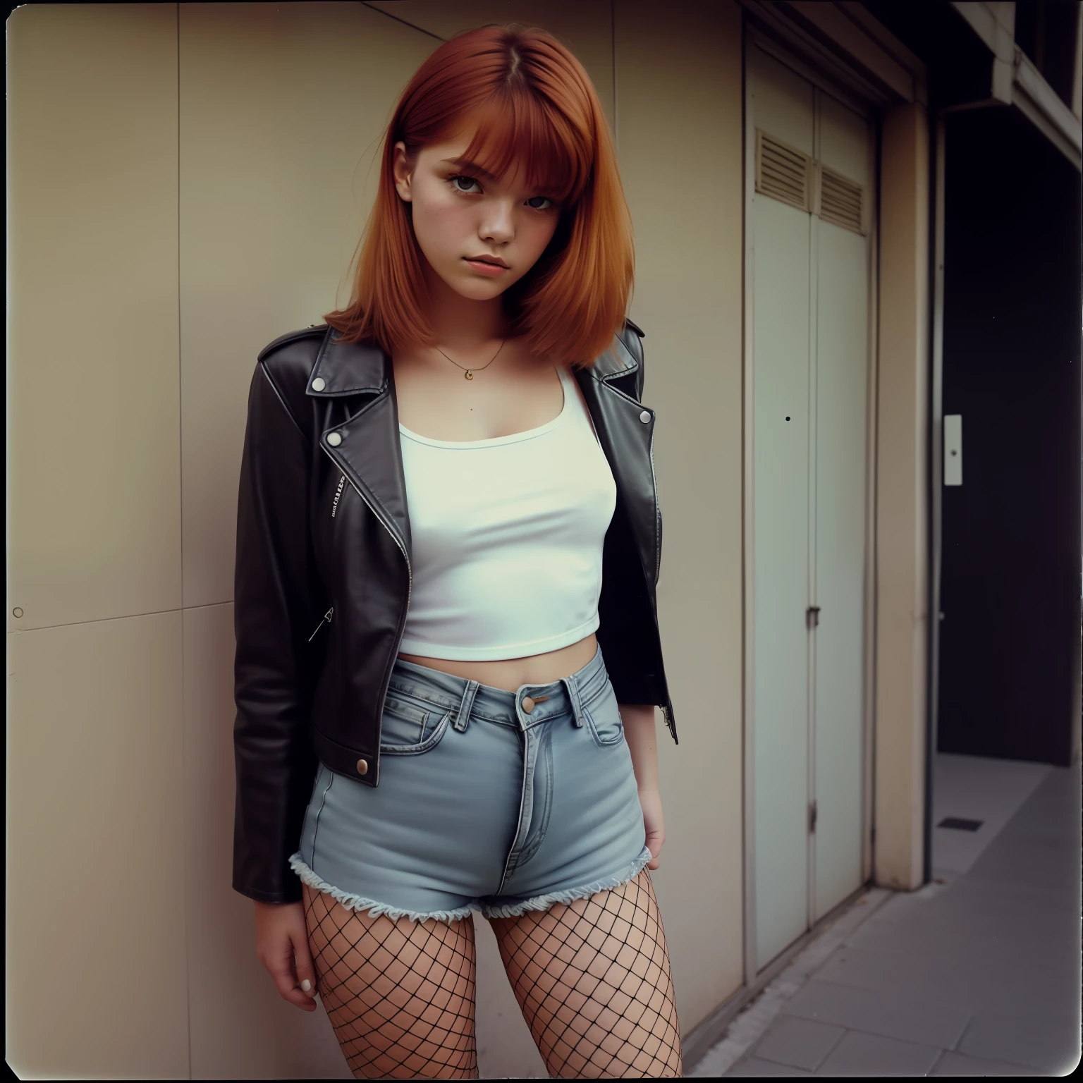 analog style, photo, photography, polaroid shot, vintage 1980, film shot, 18yo girl, european, heavy metal, leather jacket, jeans shorts, fishnet pantyhose, ginger hair, evening, dark, hong kong sidestreet