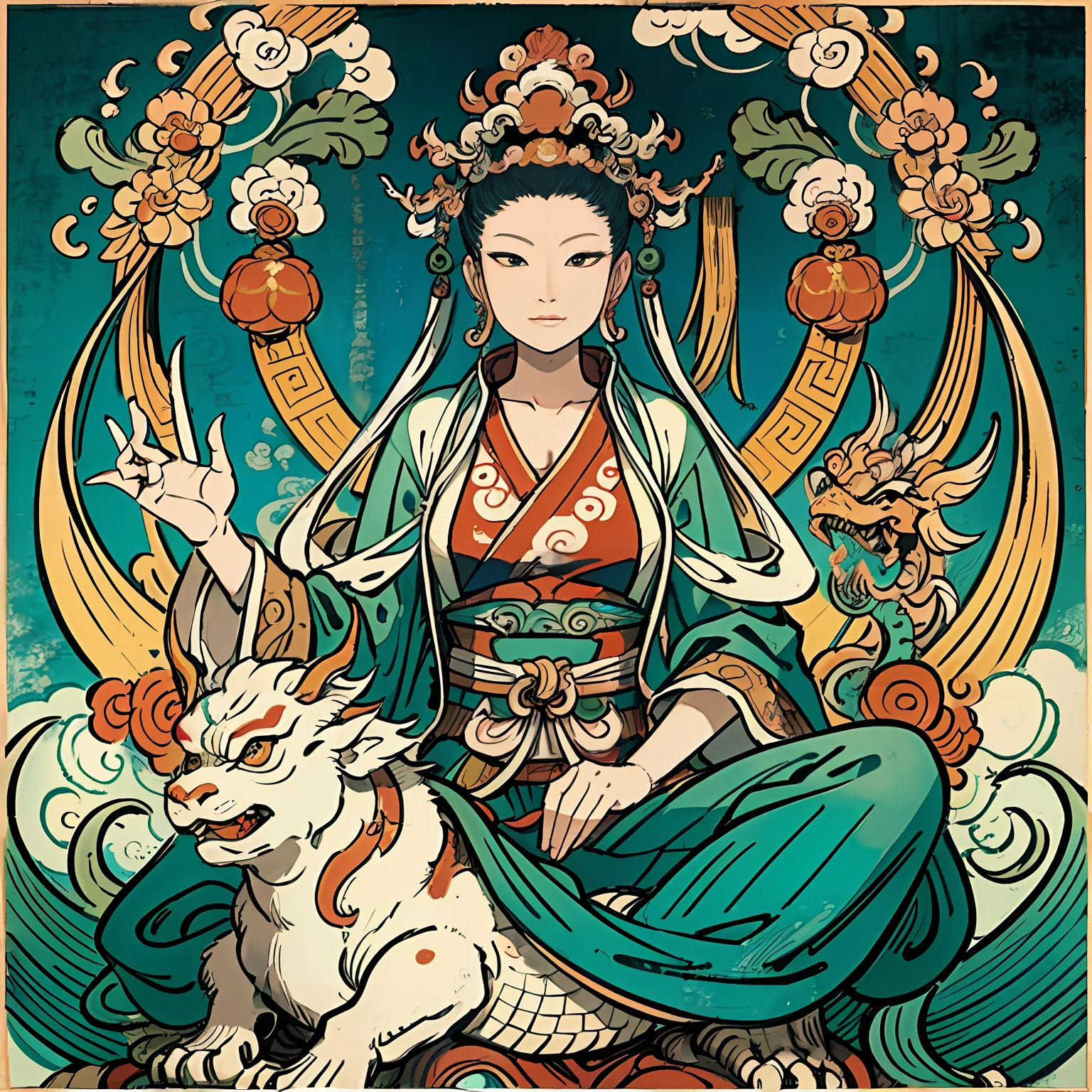 une ancienne déesse chinoise, guanyin des mers du sud, gagner, Inspiré par l&#39;Inde, Avalokiteshvara chevauche un dragon,expression sereine,shui mo hua,Bouddha,bouddhiste,lotus,Style de peinture chinoise,Style thangka