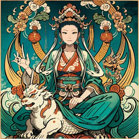 an ancient Chinese goddess, guanyin of the southern seas, Guanyin, Inspired by India, Avalokiteshvara rides a dragon,Serene expr...