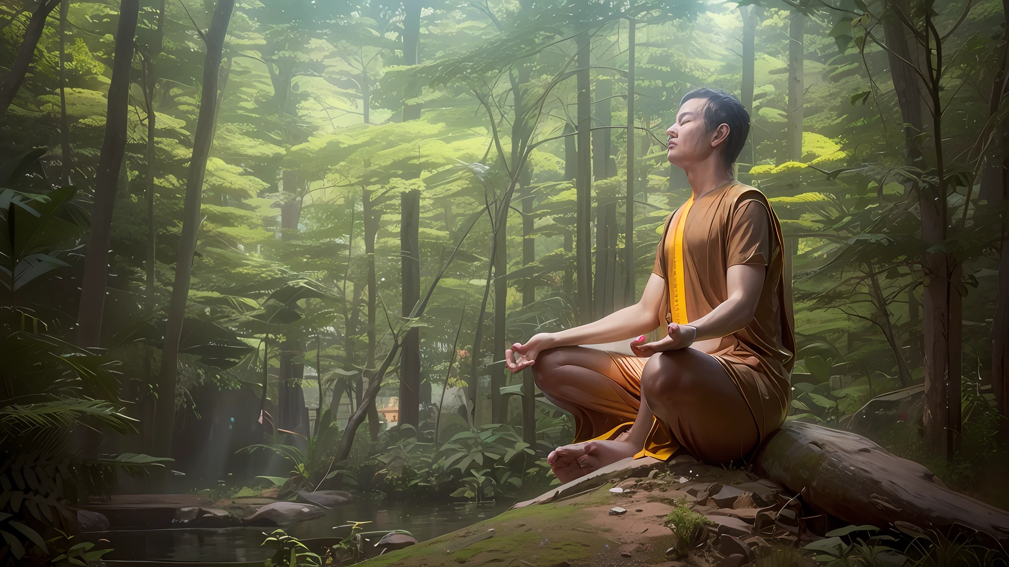 Il y a un homme assis sur un rocher dans la forêt, méditation pose, méditer, méditer en position du lotus, posture de méditation, assis sur la forêt, méditation, Méditatif, prier en méditant, Méditation zen, yoga méditation pose, contemplatif, hindu stages of méditation, Pose sacrée méditative, Sukhasana, personnage méditant gros plan, photo de portrait