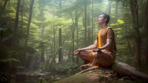 There is a man sitting on a rock in the forest, meditation pose, Meditando, Meditating in lotus position, meditating pose, senta...