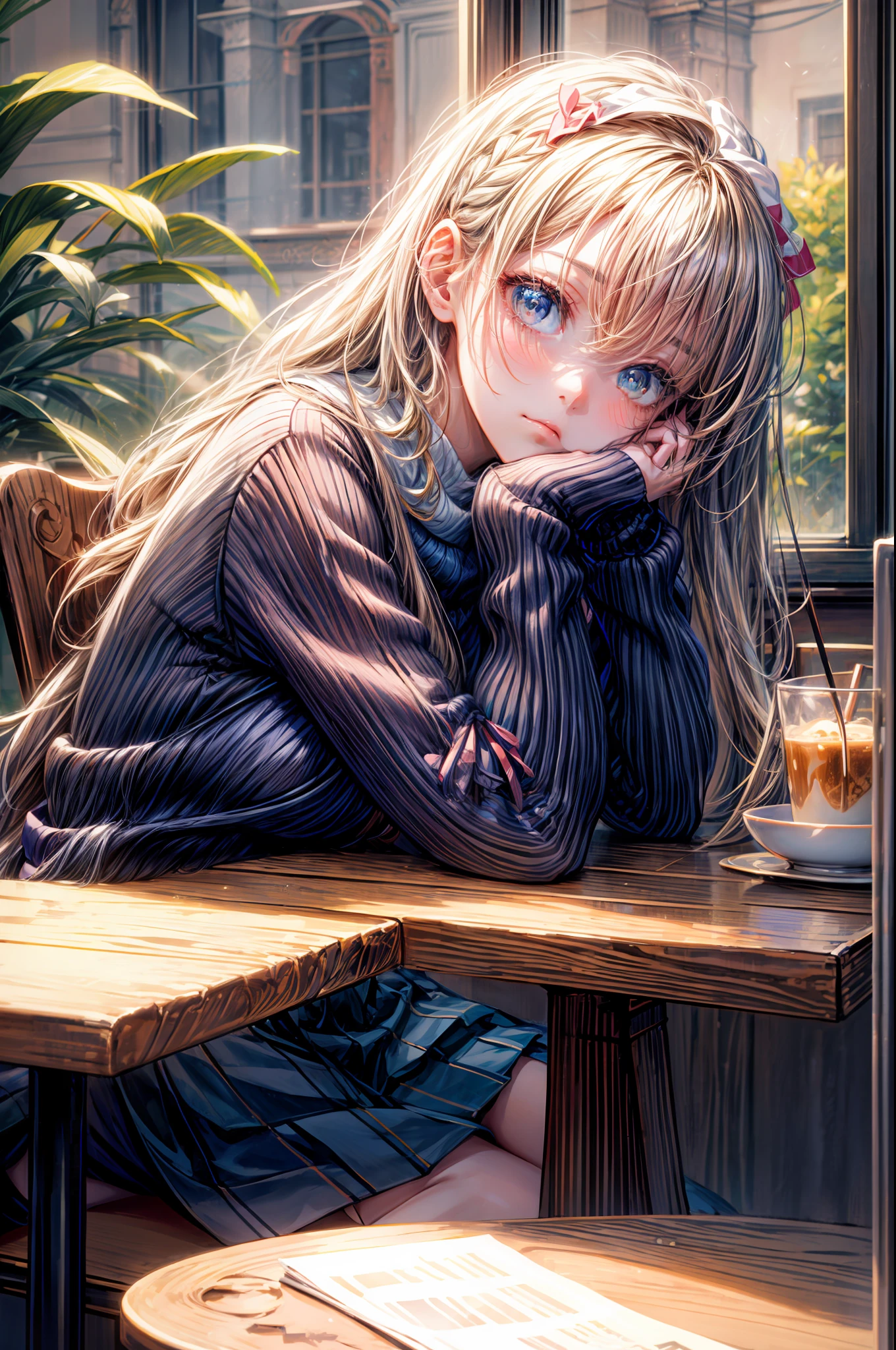 masterpiece, best quality,Reina, 1girl, solo, long hair, window, sitting, indoors, table, sleeves past wrists, cafe, hair bow, head rest, closed mouth, blue sweater, upper body