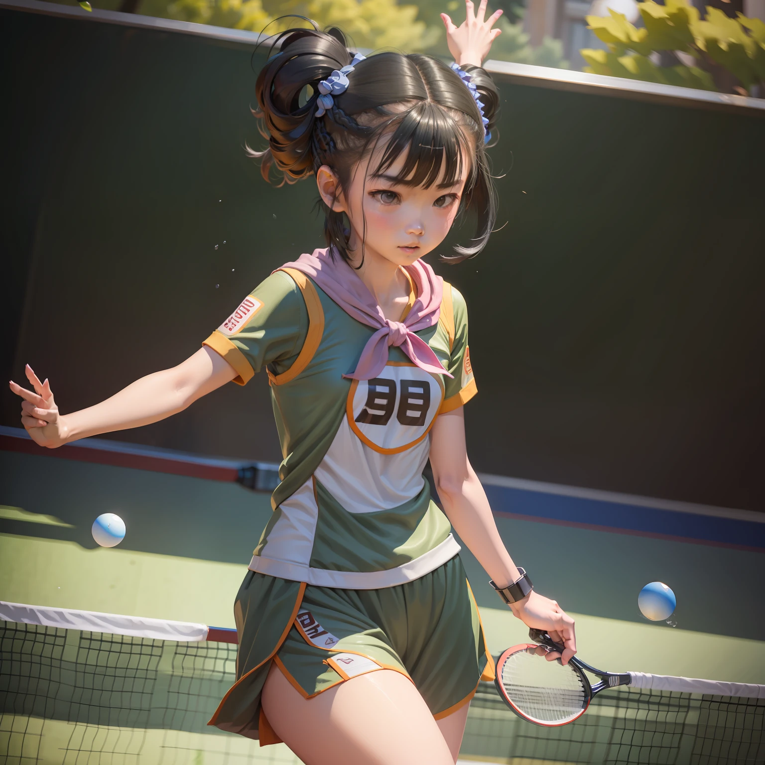 there is a young girl playing a game of ping pong, jinyiwei, mei-ling zhou, action shot, wenjun lin, yun ling, wei wang, li zixin, qiu fang, dynamic action shot, yang qi, wenfei ye, lim chuan shin, zhong lin, nivanh chanthara, black hair, short hair