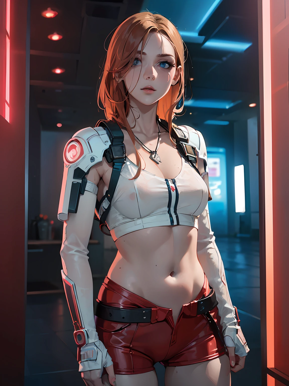 RAW photo of 20 years old woman, English, ginger hair, fit body, blue eyes, small breast, (freckles:0.4), (skin pore), full body portrait, red and white see through clothes color, (cyberpunk style), (masse effect style), (seductive look:1.5), by Greg Rutkowski, Highest quality, masterpiece, vivid detail, masterpiece photo, (hyperdetailed, intricate), (hyperealist:1.5), (detailed skin:1.8), realistic skin default, volumetric, very hight detailed eyes, very expresive look, (hyperealist face:1.4), delicate fingers,  intricate details, highly detailed, sharp focus, professional, 4k, god rays, delicate, highres, detailed facial features, high detail, sharp focus, smooth, aesthetic, extremely detailed, photo_\(ultra\), photorealistic, realistic, post-processing, max detail, roughness, real life, ultra realistic, photorealism, photography, 8k uhd, photography, cinematic lighting, NFSW