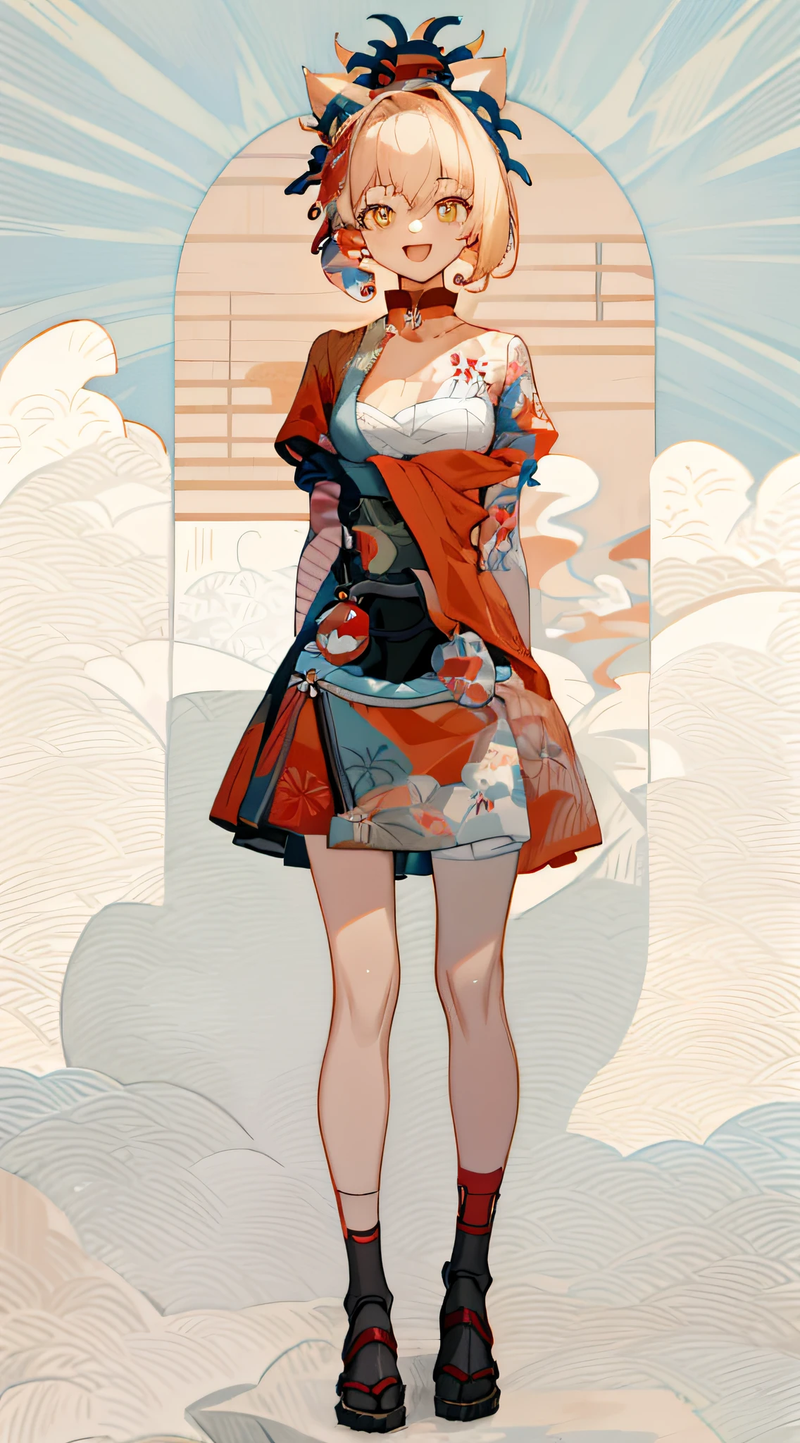 corpo todo, vertical, braços ao lado, lookemg at viewer, fundo de cor pura, 1 garota, boca aberta, orelhas de gato, Sorriso, em "Onda Hokusai" estilo