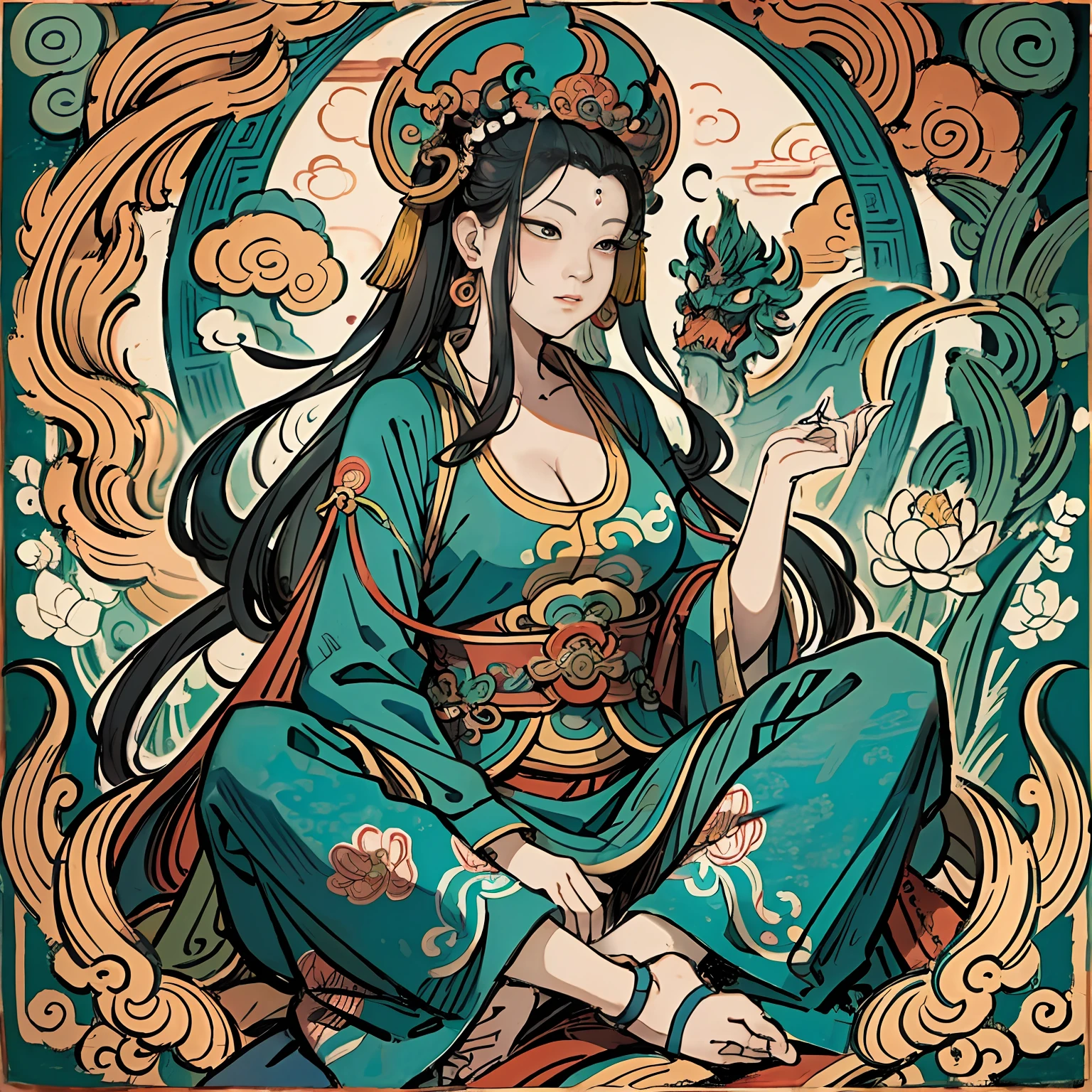 an ancient Chinese goddess, guanyin of the southern seas, Guanyin, Inspired by India, Avalokiteshvara rides a dragon,Serene expression,shui mo hua,Buddha,Buddhist,Lotus,Chinese painting style,Thangka style