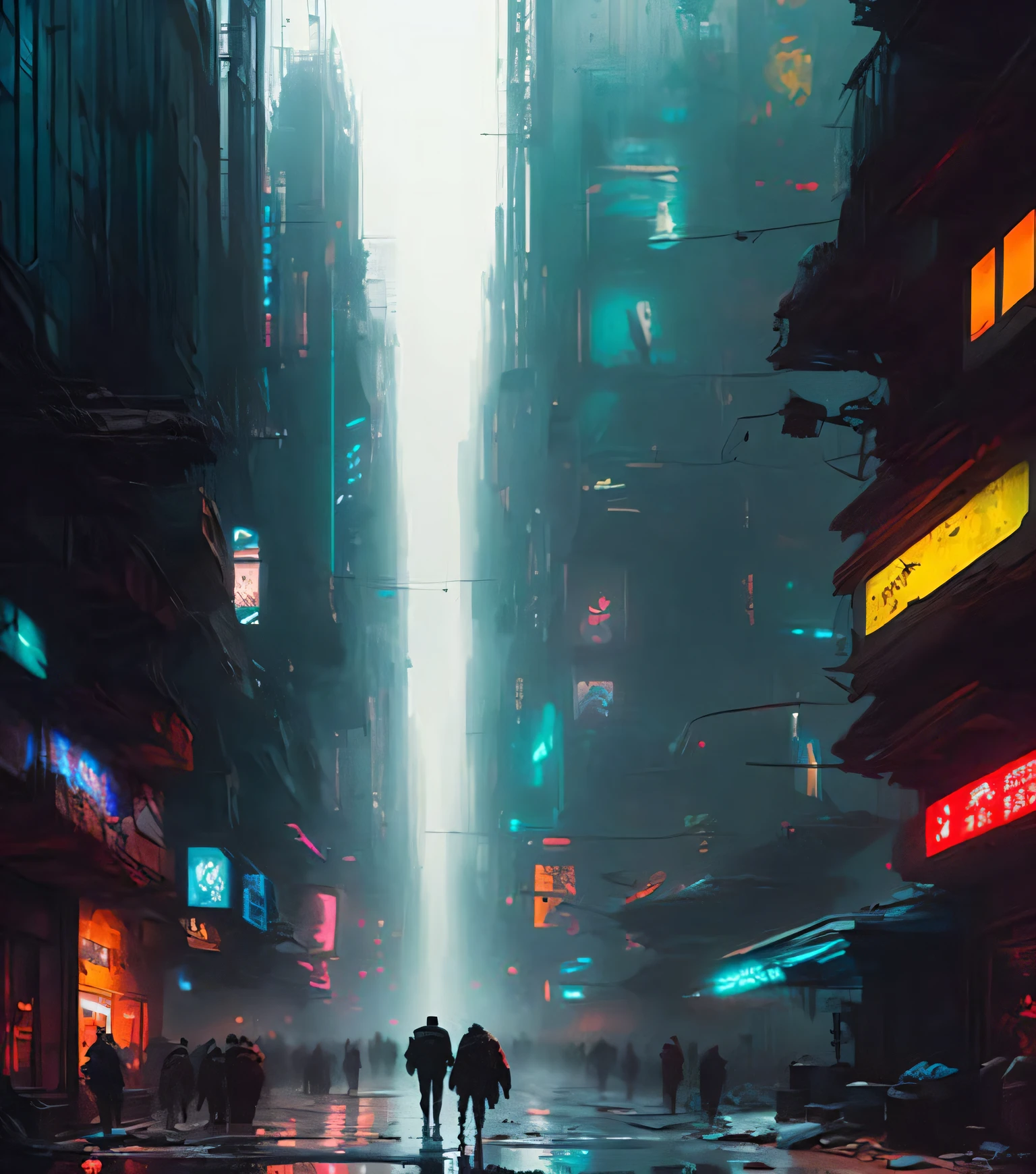 (masterpiece) high detailed RAW, a post apocalyptic man with a backpack is walking through a vivid rainbow themed cyberpunk city , hassanfantasy style , by Jeremy Mann and Donato Giancola ultra realistic highly detailed intricate photorealistic