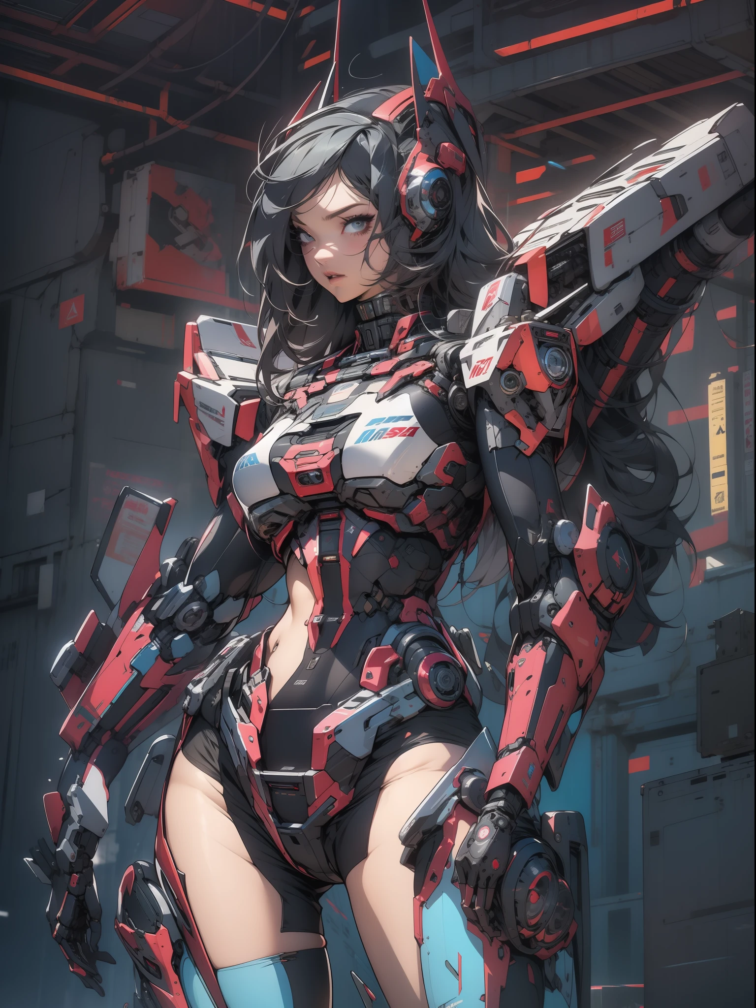 A powerful adult woman in her mega detailed mecha costume, Heavy weaponry, cyberpunk visor, hi-tech graphics all over the suit, best qualityer, ​masterpiece, pose sexy, perfectbody