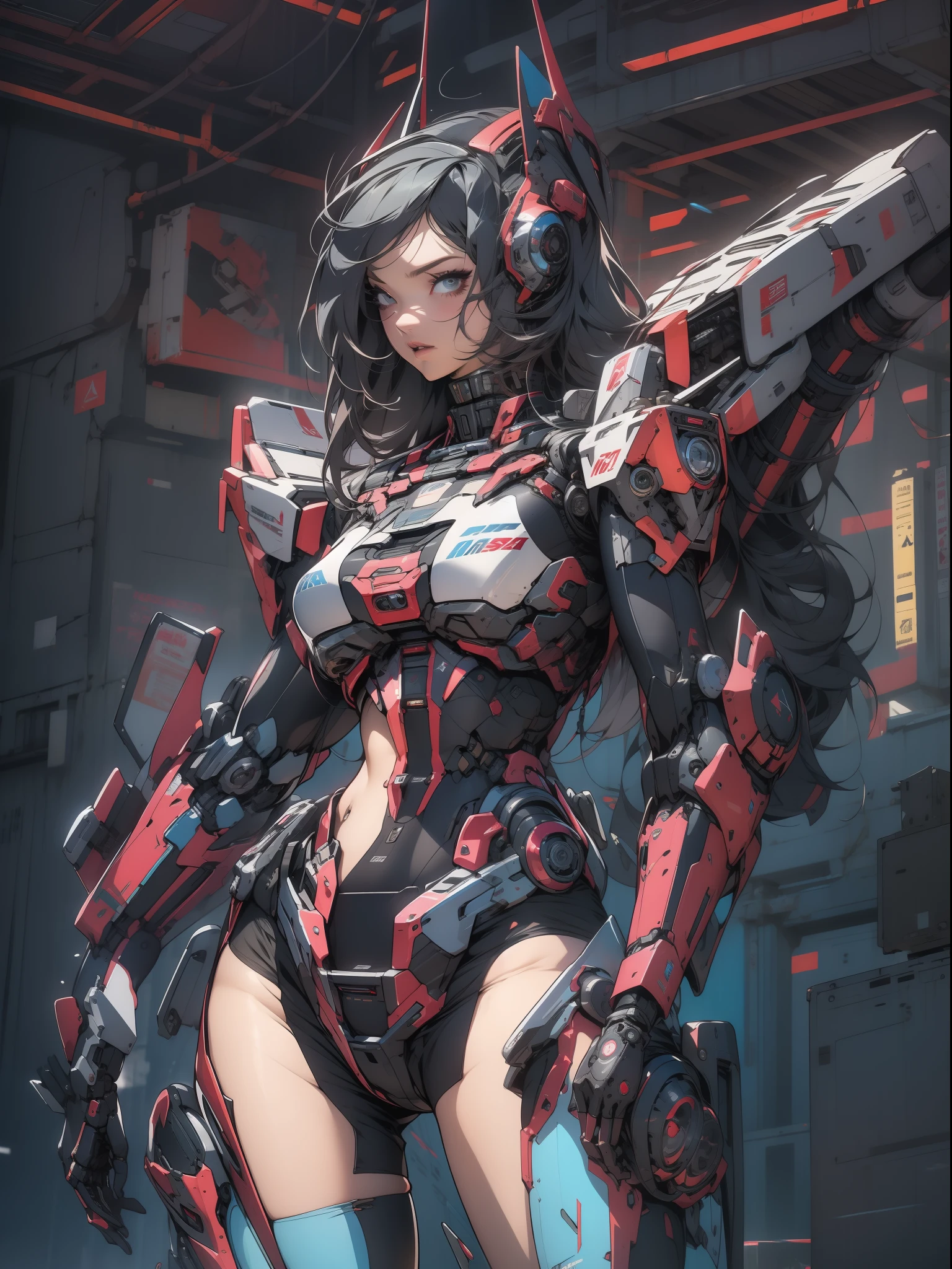 Une femme adulte puissante dans son costume de mecha méga détaillé, Armement lourd, visière cyberpunk, graphismes de haute technologie sur toute la combinaison, meilleure qualité, travail brut, pose sexy, corps parfait