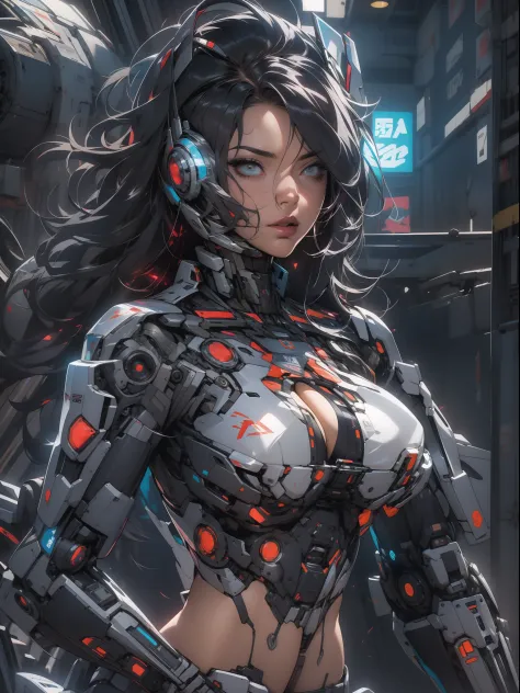 Uma mulher adulta poderosa em seu traje mecha mega detalhado, armamento pesado, viseira cyberpunk, grafismos hi-tech por todo o traje, melhor qualidade, obra prima, pose sexy, corpo perfeito