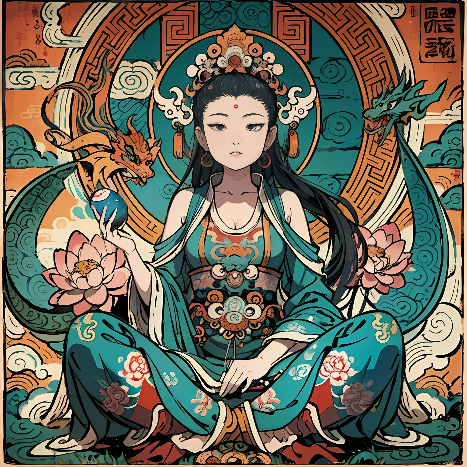 古代中国の女神, 南海の観音, 勝つ, インドにインスピレーションを受けて, 観音菩薩は龍に乗る,穏やかな表情,水莫華,仏,仏教徒,ロータス,中国の絵画スタイル,タンカスタイル