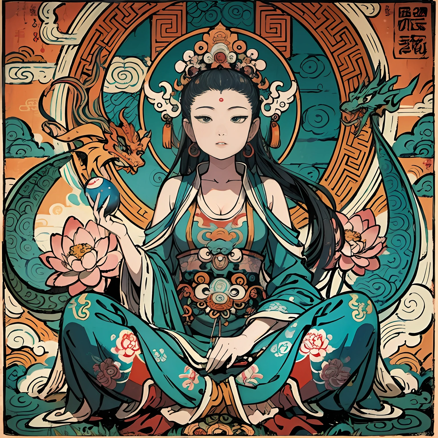 una antigua diosa china, guanyin de los mares del sur, Ganen, Inspirado en la India, Avalokiteshvara monta un dragón,expresión serena,shui mo hua,Buda,Budista,loto,estilo de pintura china,estilo thangka