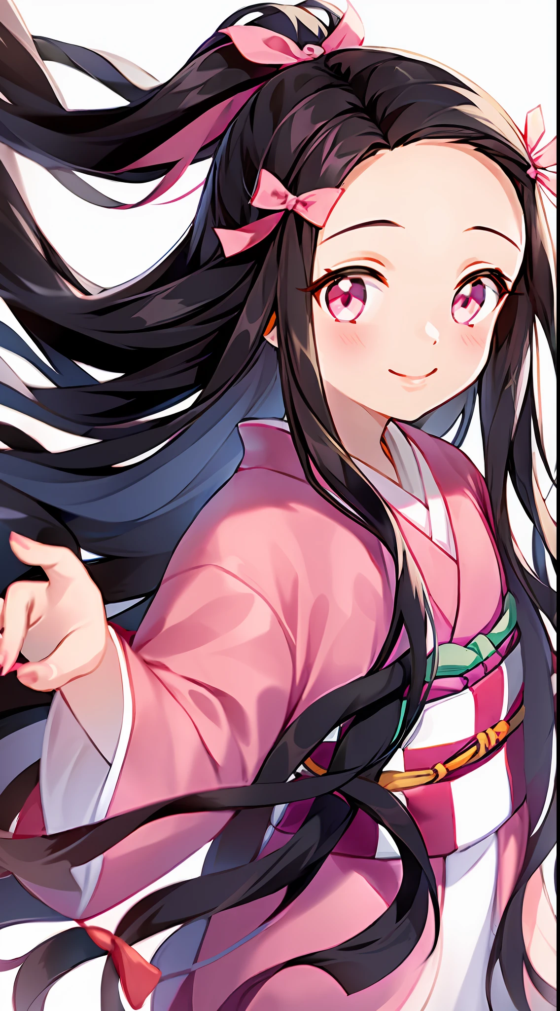 kamado nezuko, 1girl, black hair, closed mouth, forehead, hair ribbon, japanese clothes, kimono, long hair, multicolored hair, pink eyes, pink kimono, pink nails, pink ribbon, ribbon, simple background, smile, solo, very long hair, white background,   ((masterpiece))