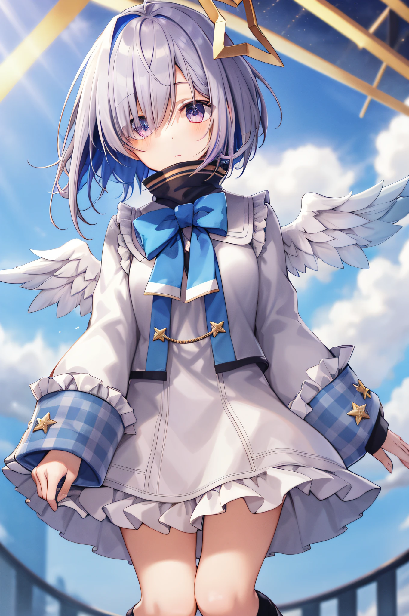 2D,​masterpiece, top-quality, Ultra-detailed,1girl in, amane kanata, Star Halo, Solo, Halo, Angel wings, multicolored hair, Asymmetrical hair, single hair intake, Purple eyes, arm band, Short hair, Blue hair, Grey Hair, sox, Long sleeves, Grey jacket, bob cuts, striated hair, Bangs, frilld, Wide sleeves, one white winged, Black skirt, Hair over one eye, frills skirt, Blue socks, sleeves past wrists, turtleneck dress