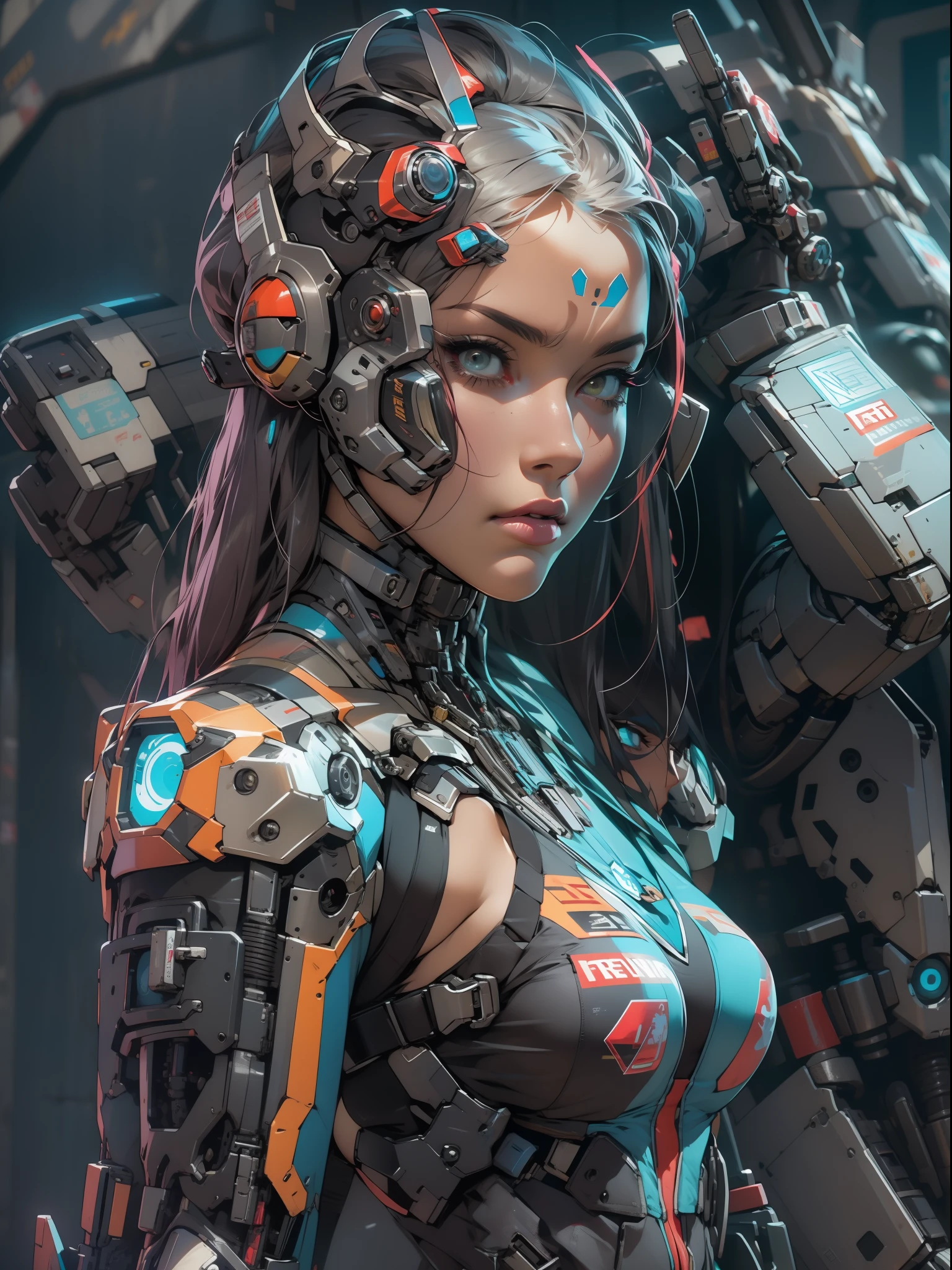 Uma mulher adulta poderosa em seu traje mecha mega detalhado, armamento pesado, viseira cyberpunk, grafismos hi-tech por todo o traje, melhor qualidade, obra prima, pose sexy, corpo perfeito