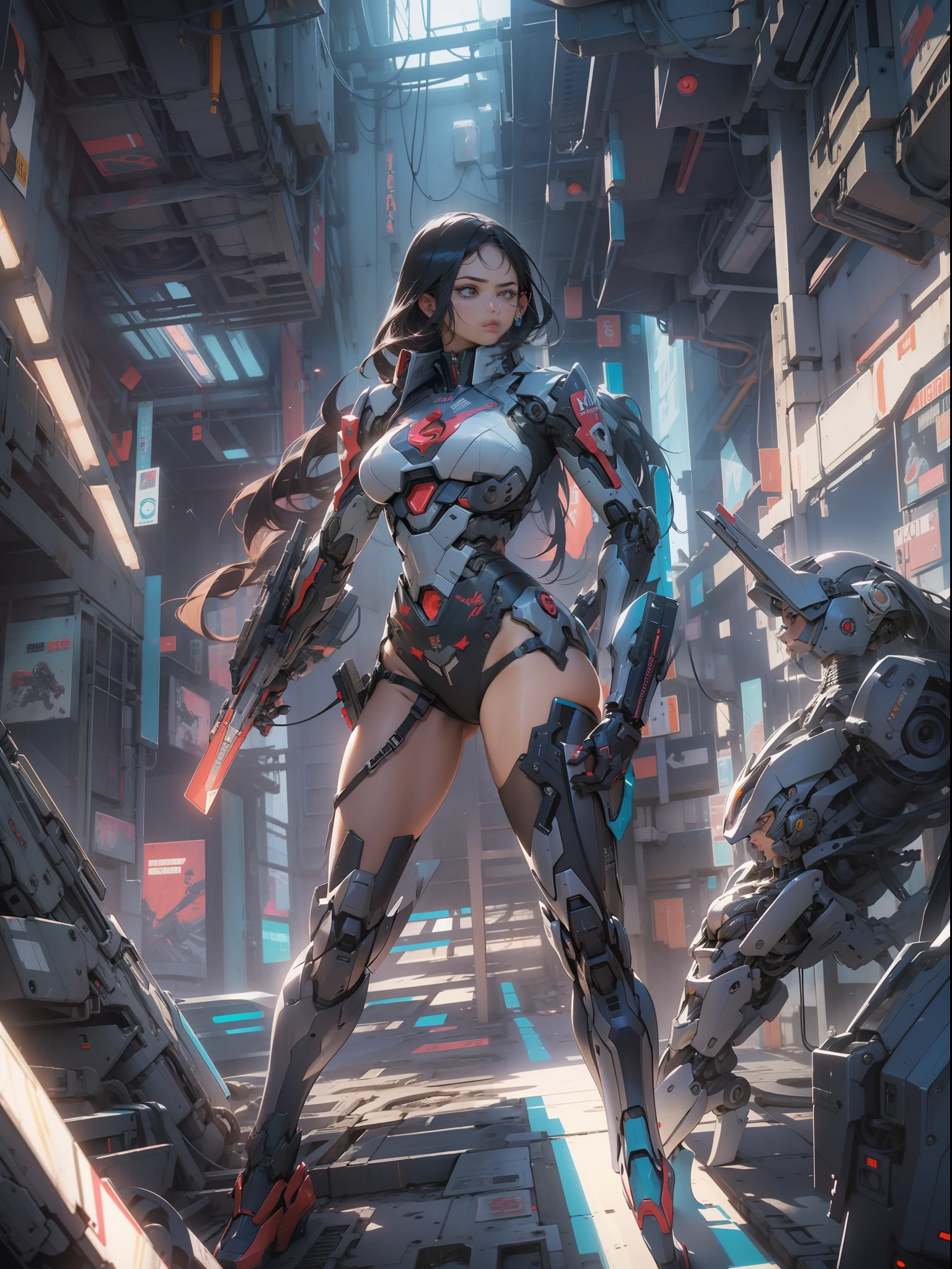 Uma mulher adulta poderosa em seu traje mecha mega detalhado, armamento pesado, viseira cyberpunk, grafismos hi-tech por todo o traje, melhor qualidade, obra prima, pose sexy, corpo perfeito