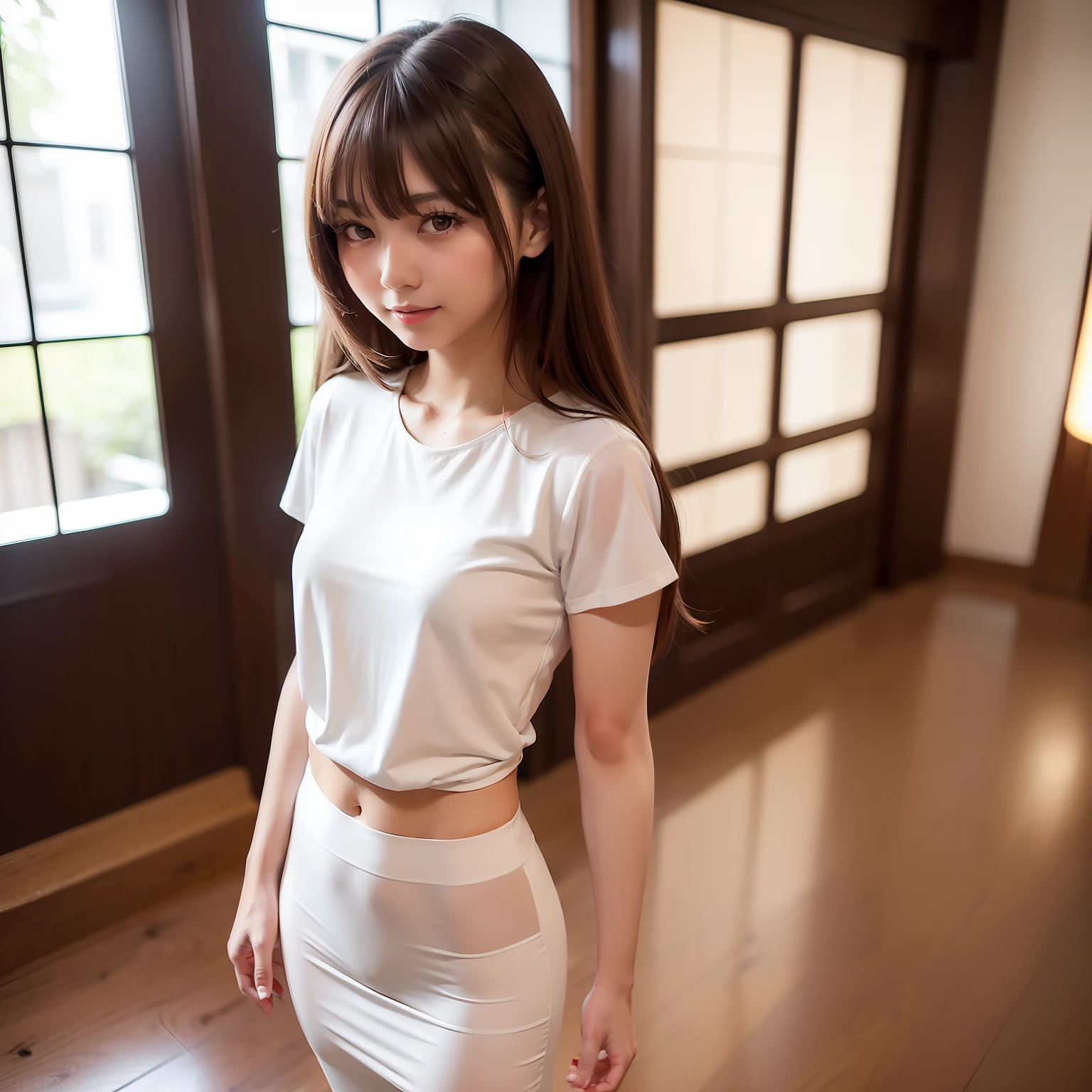 ((mejor calidad, 8K, mesa: 1.3)), cuerpo completo, (mejor calidad, mesa: 1.2)), Foto de una linda mujer japonesa., 1 chica, 25 años hermosa chica japonesa, ((Camiseta blanca con pecho abierto: 8.5)), (foto de cuerpo completo), cuerpo completo portrait, Duro , cuerpo muy delicado, pequeño breasts, ((cintura delgada: 5.5)), (abdominales delgados: 3.5), (pequeño), (Mujer 160cm), Enfoque de enfoque: 1.2, Estilo de belleza excepcional: 1.4, abdominales delgados: 1.2, (((Pelo castaño, grande: 1.2)), Textura de cara y piel muy detallada., ojos detallados, párpados dobles, Dentro del salón de belleza，cuerpo completo portrait, Cabello ondeando al viento, flequillo ligero，Una sonrisa，Tengo un estuche de tijeras en mi cintura.