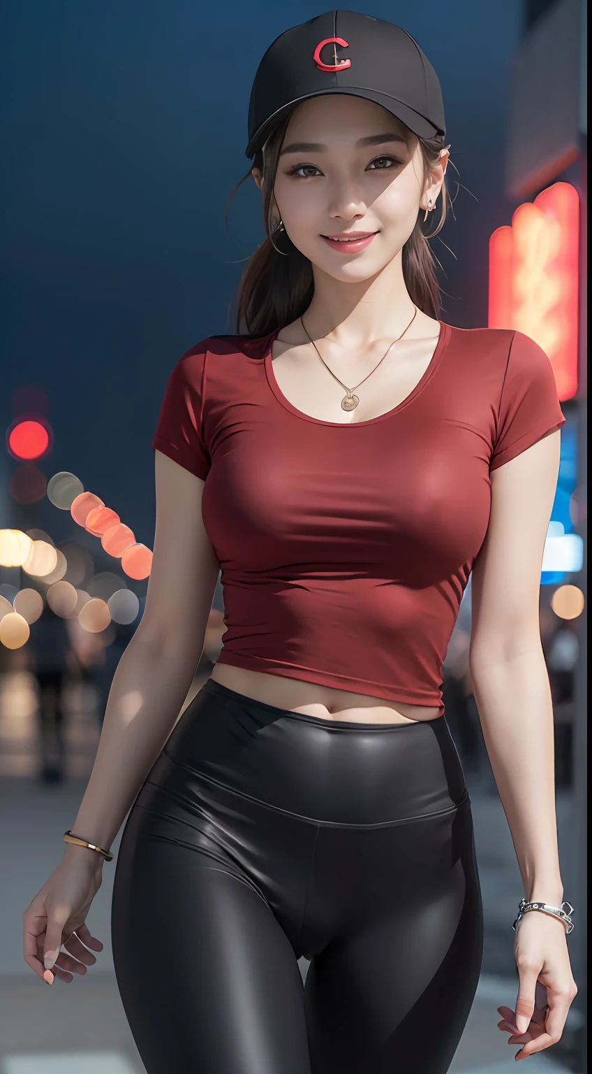 Upscale Variations Remove Background Generation Data Prompts Upscaling 8k, masterpiece, RAW photo, best quality, photorealistic, extremely detailed CG unity 8k wallpaper, Depth of field, Cinematic Light, Lens Flare, Ray tracing, (extremely beautiful face, beautiful lips, beautiful eyes), intricate detail face, ((ultra detailed skin)) 1girl, in the dark, deep shadow, pretty korean girl, kpop idol,(very slim slender fit-muscled body), ((looking at viewer)),(big smile), (fashion city night, (neon sign), (blurry background), midnight, (vacant city), (without people in the background), pretty korean girl, white diamond earrings, dia bracelets, dia necklace, clear eyes, walking , front shot, (pale skin), face forward, (big eyes), ((upper body shot)), (baseball cap("c" maked)), ((black color leggings)), (camel toe, vulva shape), ((red T-shirt)), (ponytail) (looking at viewer), medium breasts,((smile))