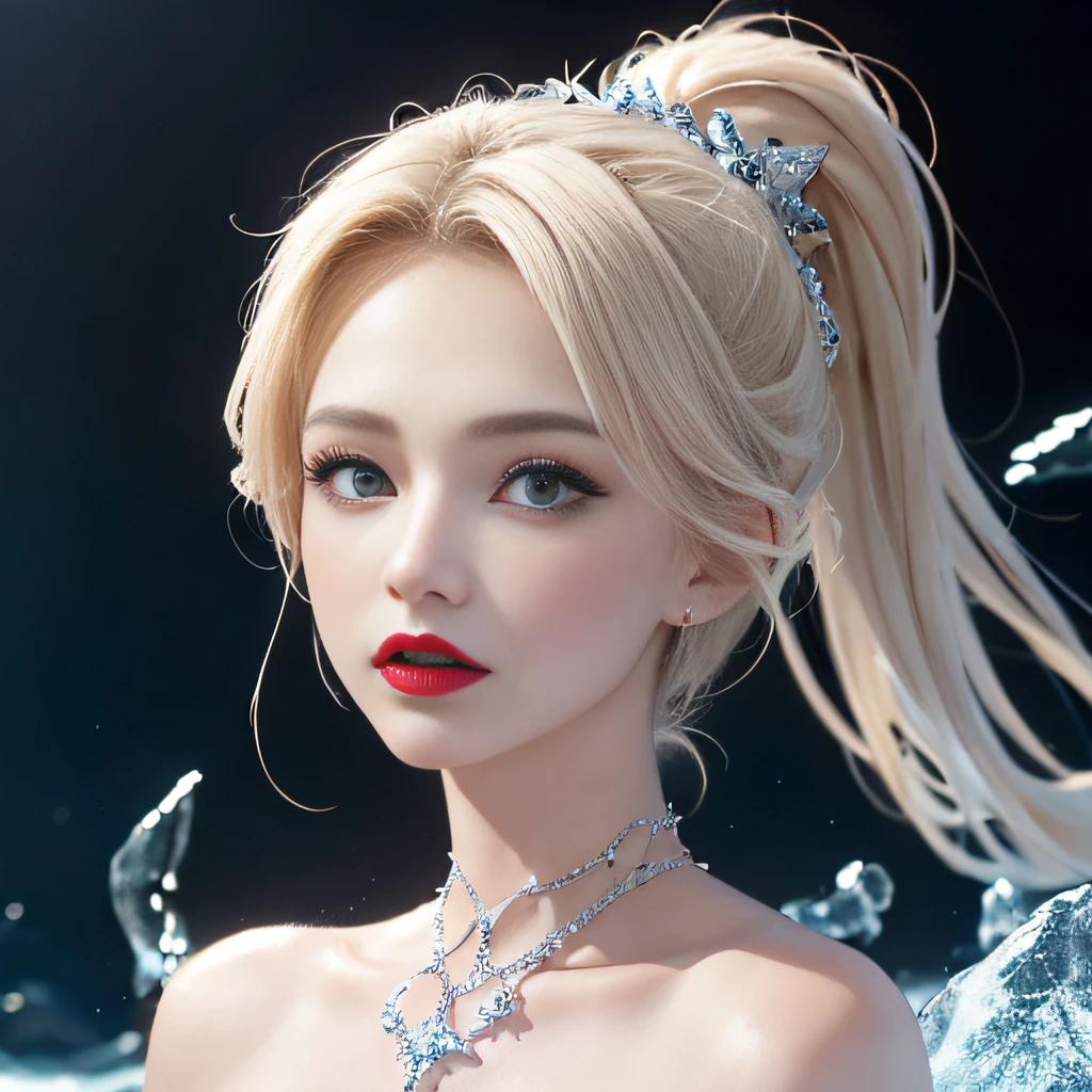 (in 8K, RAW Photos, of the highest quality, Masterpieces: 1.2), (Realistic, Photorealistic: 1.37), Highest Quality, Ultra High Resolution, light  leaks, Dynamic lighting, Slim and smooth skin, (Full body:0.8), (Soft Saturation: 1.6), (Fair skin: 1.2), (Glossy skin: 1.1), Oiled skin, 18 years old, In the deep sea、a large amount of foam、Swimming、Sparkling white blonde、entranceway、Ice blocks、Ice Sparkle、Diamond Dust、Frozen, Red glowing lipstick