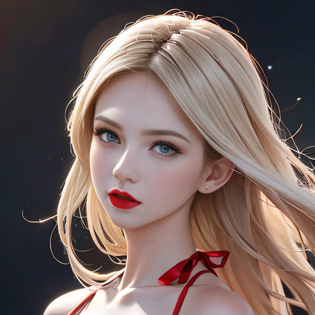 (8K, RAW Photos, of the highest quality, Masterpieces: 1.2), (Realistic, Photorealistic: 1.37), Highest Quality, Ultra High Resolution, light  leaks, Dynamic lighting, Slim and smooth skin, (Full body:1.3), (Soft Saturation: 1.6), (Fair skin: 1.2), (Glossy skin: 1.1), Oiled skin, 22 years old, Night, shiny white blonde, Well-formed, Hair fluttering in the wind, Close-up shot of face only, Physically Based Rendering, From multiple angles, The bikini, Red glowing lipstick