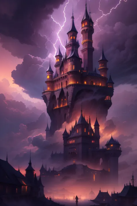 in the sky there is a castle with a tower, high fantasy castle, flying citadel with towers, flying castle, epic castle with tall...