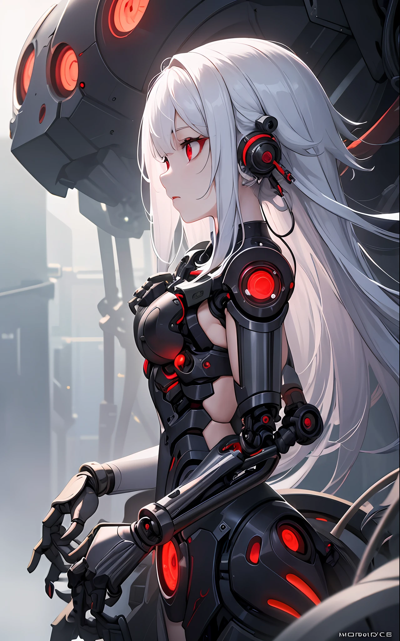 masterpiece, best quality, 1girl, detailed, from side, cinematic, mechanical, machine made joints, machanical limbs, tubes, expressionless, wire, cable, science fiction, long hair, red eyes, white hair, upper body, fog,