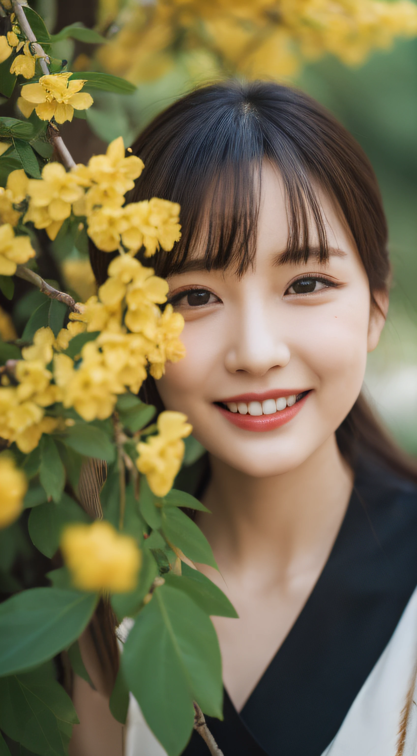 masterpiece, best quality, realistic, cinematic,
1girl, sitting, close-up portrait, red aodai, (smile:0.8), (yellow apricot blossom, (potted flowers:0.8), flowers, falling petals, tree branch),  flower in hair, walking in garden