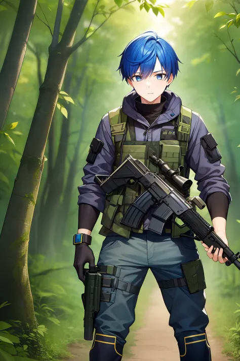 A young man with vibrant blue hair, dressed in a tactical combat rig, confidently stands amidst a lush forest backdrop, gripping...