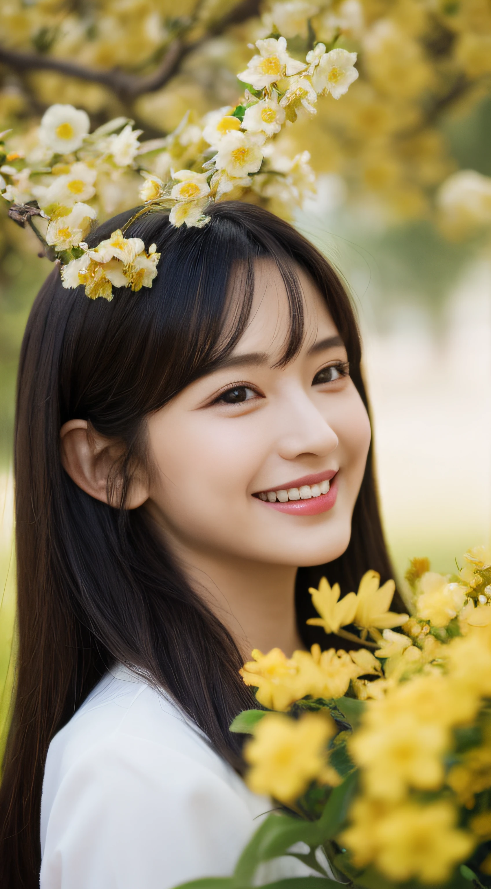 masterpiece, best quality, realistic, cinematic,
1girl, standing, close-up portrait, red aodai, (smile:1), (yellow apricot blossom, (potted flowers:0.8), flowers, falling petals, tree branch),  flower in hair, walking in garden