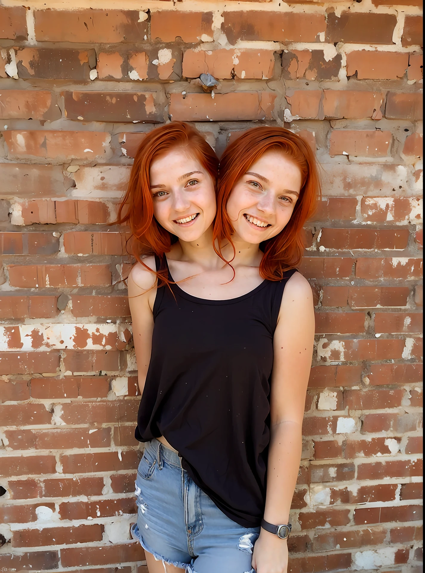 Two young women standing next to a brick wall with their arms around ...