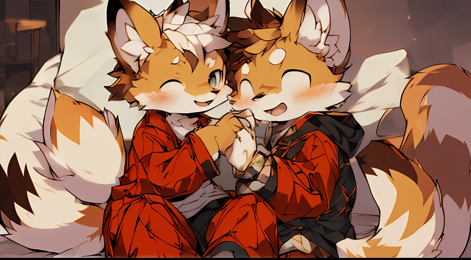 Anime picture of two foxes hugging each other in a room - SeaArt AI