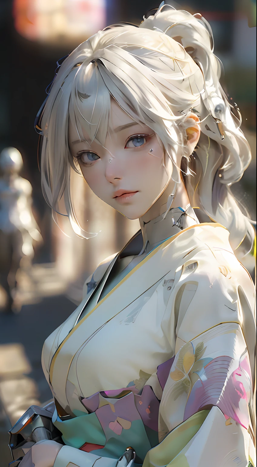 walking around Japan summer festival, (light yellow color kimono:1.3), (Best Quality), ((Masterpiece), (Detail: 1.4), 3D, A Beautiful Cyberpunk Woman, HDR (High Dynamic Range), Ray Tracing, NVIDIA RTX, Super-Resolution, Unreal 5, Subsurface Scattering, PBR Textures, Post-Processing, Anisotropic Filtering, Depth of Field, Maximum Sharpness and Clarity, Multi-layer Textures, Albedo and Highlight Maps, Surface Shading, Exact simulation of light-material interactions, perfect proportions, Octane Render, bicolor light, large aperture, low ISO, white balance, rule of thirds, 8K RAW, close-up of a woman with very long hair and a very large body, perfect anime robot woman, anime robot with organic mix, best anime 4K konachan wallpaper, detailed digital anime art, beautiful girl cyborg, portrait of cyborg queen, cyborg - silver girl, biomechanics oppai, Digital cyberpunk anime art