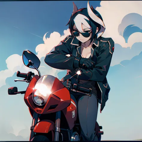 Biker jacket, sunglasses, siting on motorbike
