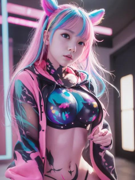 top-quality、​masterpiece、超A high resolution、(Photorealsitic:1.4)、Raw photo、Detailed CG image quality、cyberpunked、Beautiful fece、1girl in、Future hair ornament、(pink hoodie:1.3)、(Colorful body paint on chest:1.4)、cleavage of the breast、(Hard erection:1.4)、( ...
