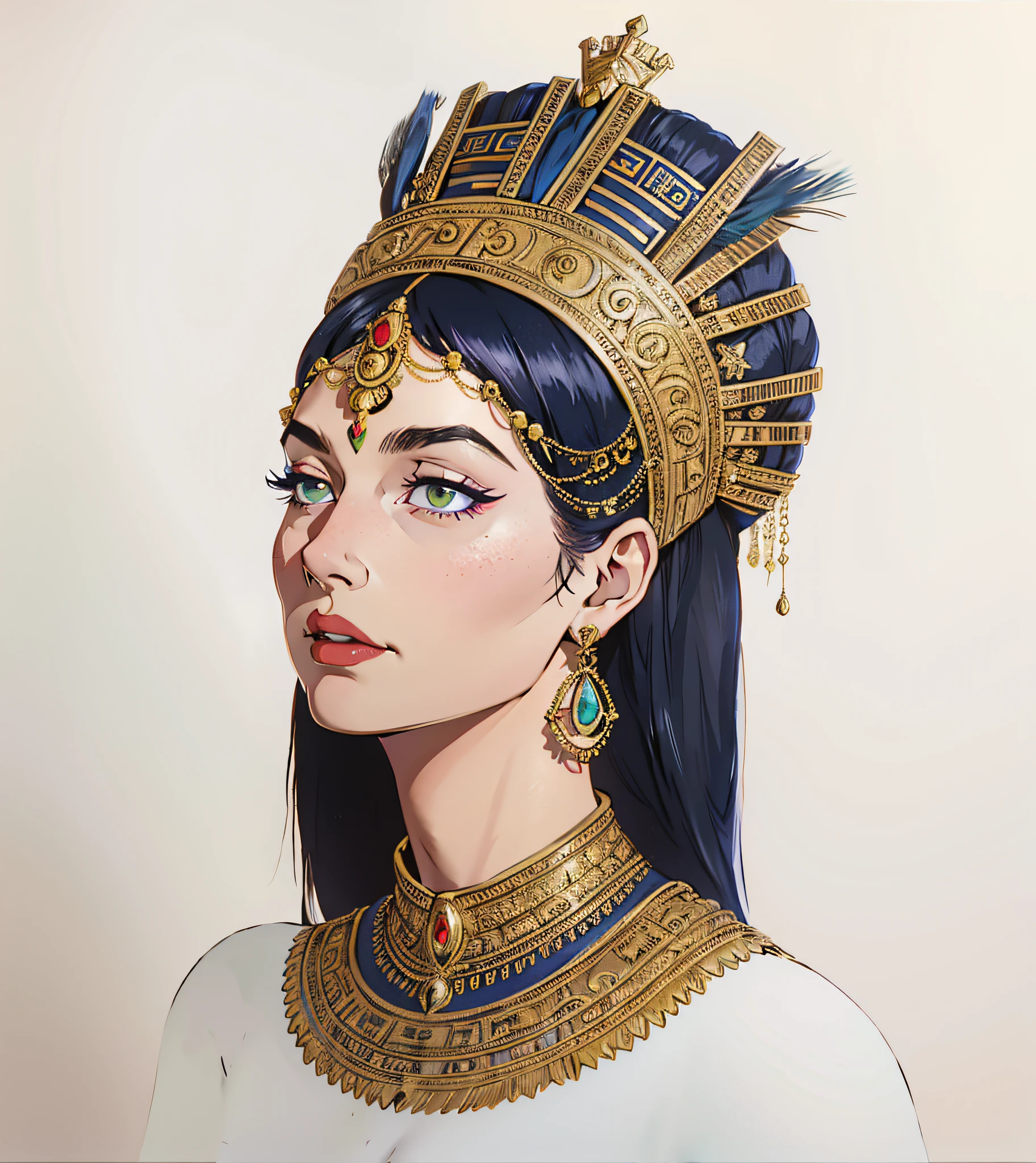 cleopatrah, tiro de corpo inteiro, Vestido bonito, deusa rainha do Egito, atraente, rosto mais perfeito, design de olhos profissional, Pintura digital, Beautiful hieroglyphics in the background, fantasia, detalhes intrincados, actual configuration, Face card, ao estilo de Ellen Gallagher, Abigail Larson e Anton Pieck