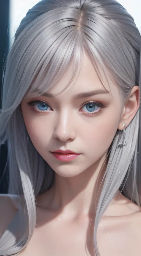 19 year old girl, Short silver-gray hair, extremely higly detailed, bshoulders, 鎖骨, coll, Local close-up, Gray-blue deep eyes, an extremely delicate, Impeccable, tall nose bridge，dimple，Sexy lips，The details were perfect，Sideslit, film effect, warm colored...