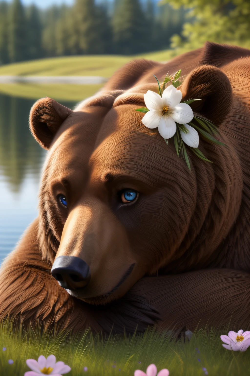 (Highest Quality, 4k, masterpiece, Amazing Details:1.1), laying near a lake, medium breast, deep blue eyes, E671, lens 50mm f/2.0, (( anthro brown bear female)), braided long hair with flower hair ornament, (realistic brown fur, detailed fur texture:1.2), ((photorealistic) (RAW Photo))